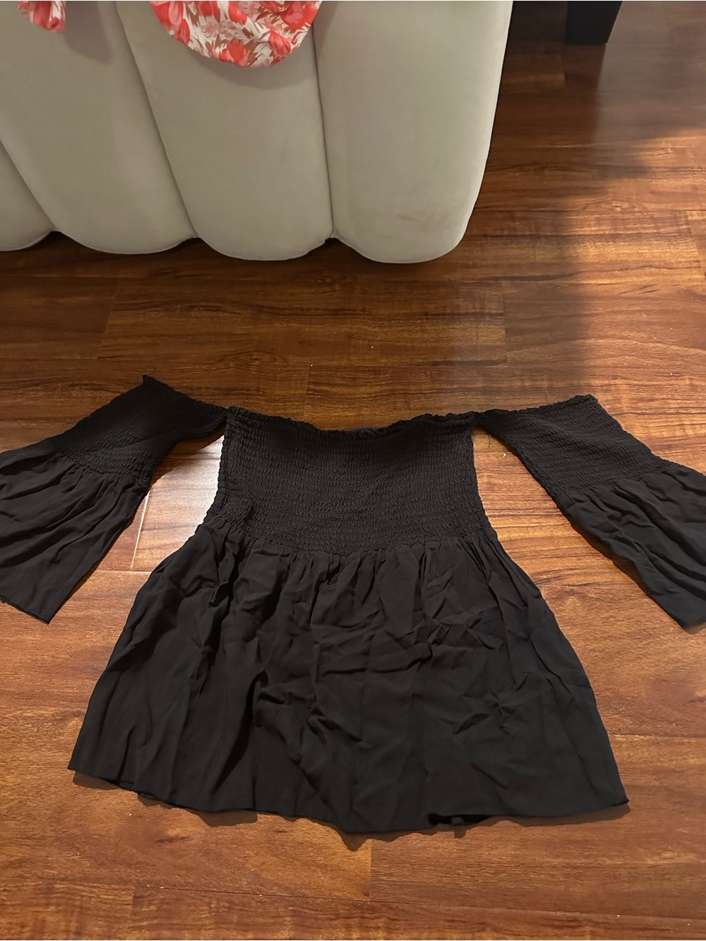 Off-the-Shoulder Black Smocked Top